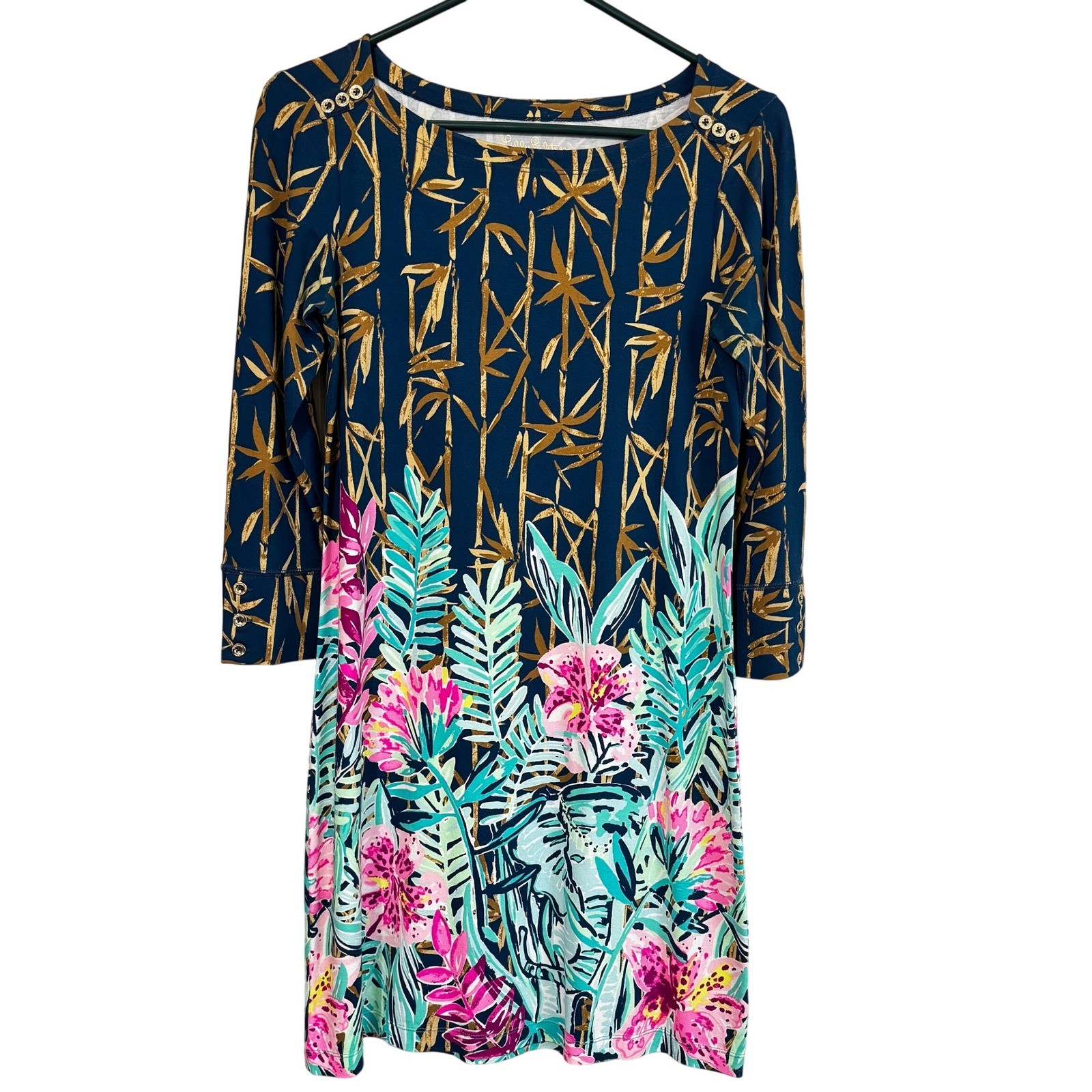Lilly Pulitzer Navy Bamboo Tropical Floral Button Detail Shift Dress Sz S Summer