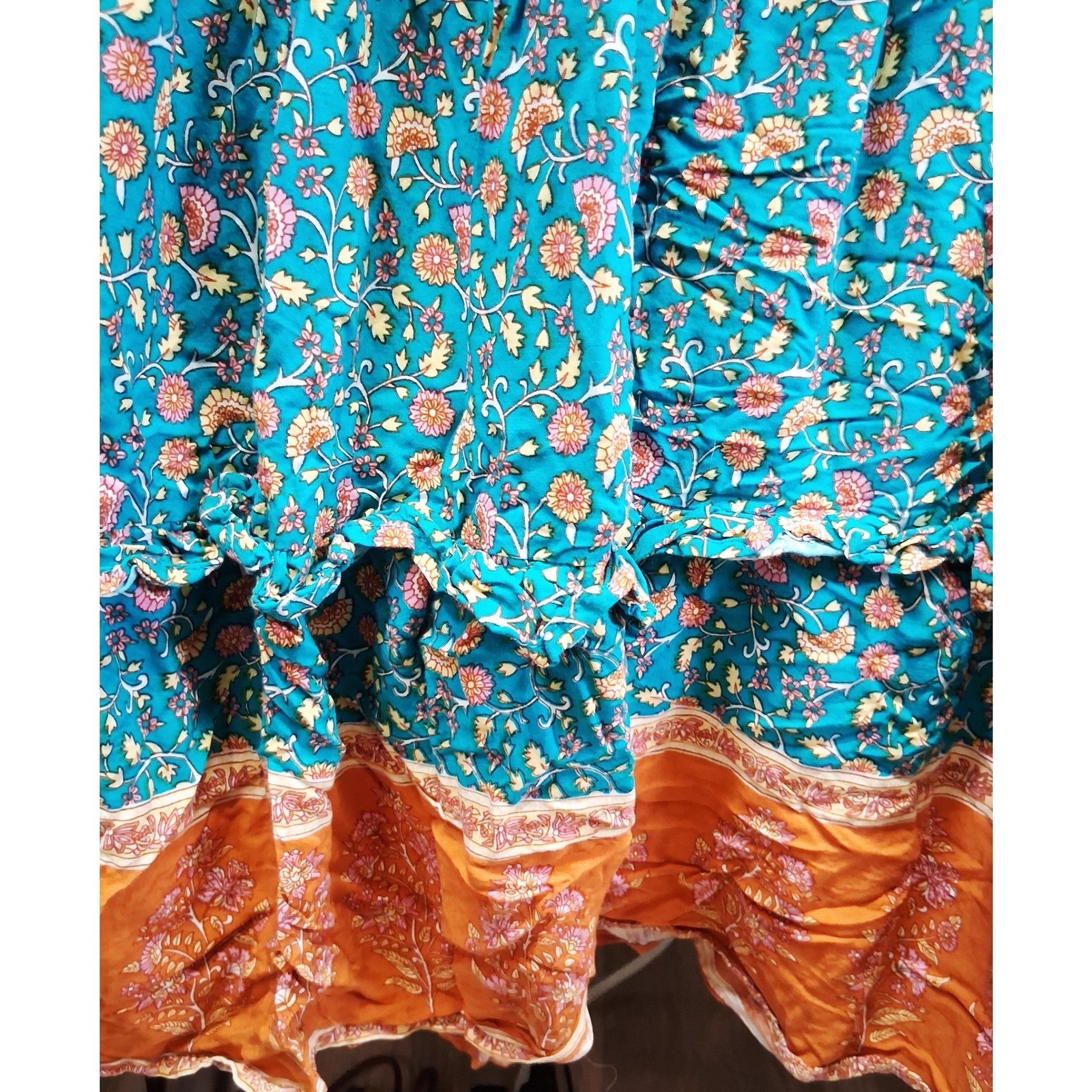 R. Vivimos Teal Floral Boho Maxi Dress Short Sleeve Tassel Pom Trim Size M 8/10