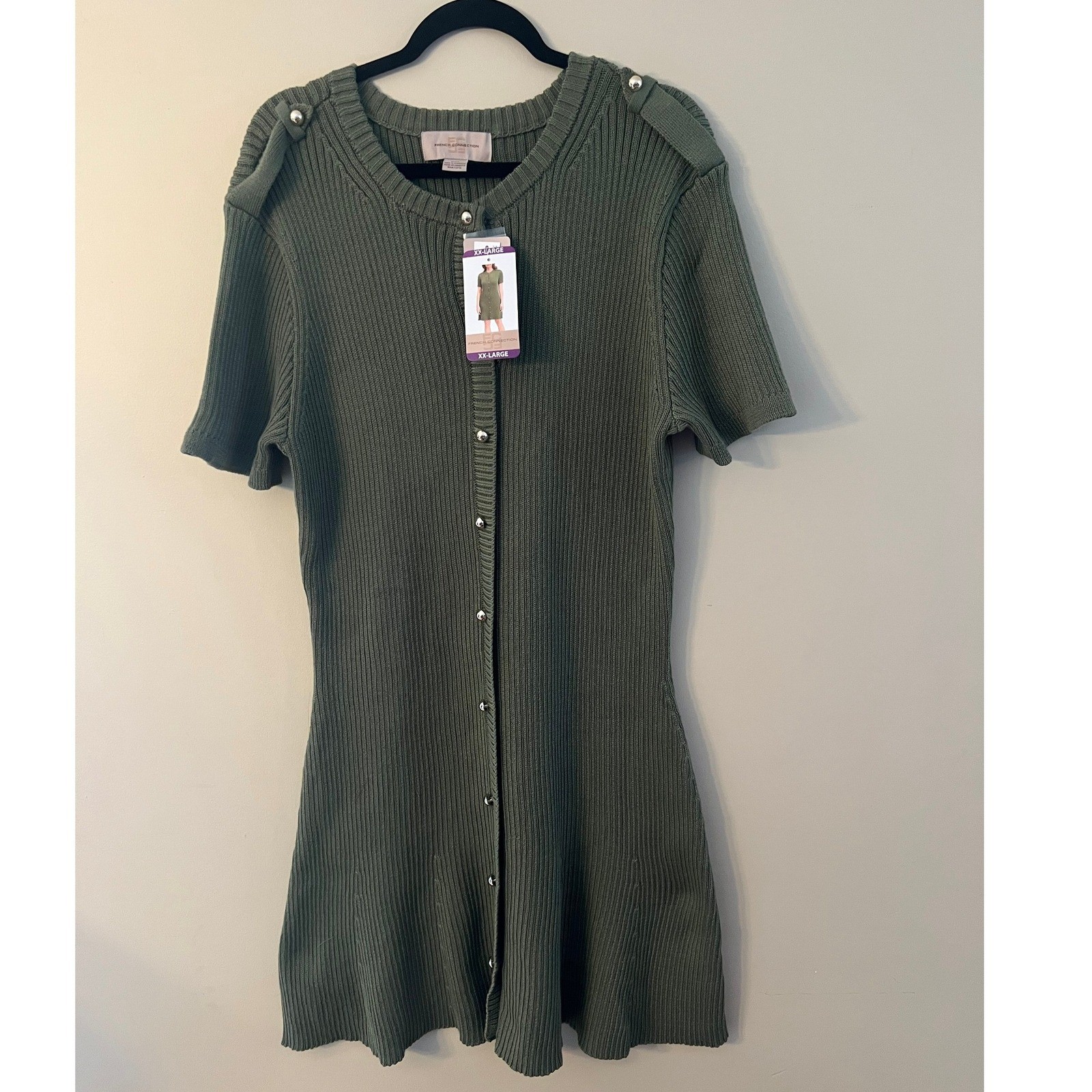 NWT French Connection Olive Green Ribbed Button Front Sweater Dress XXL