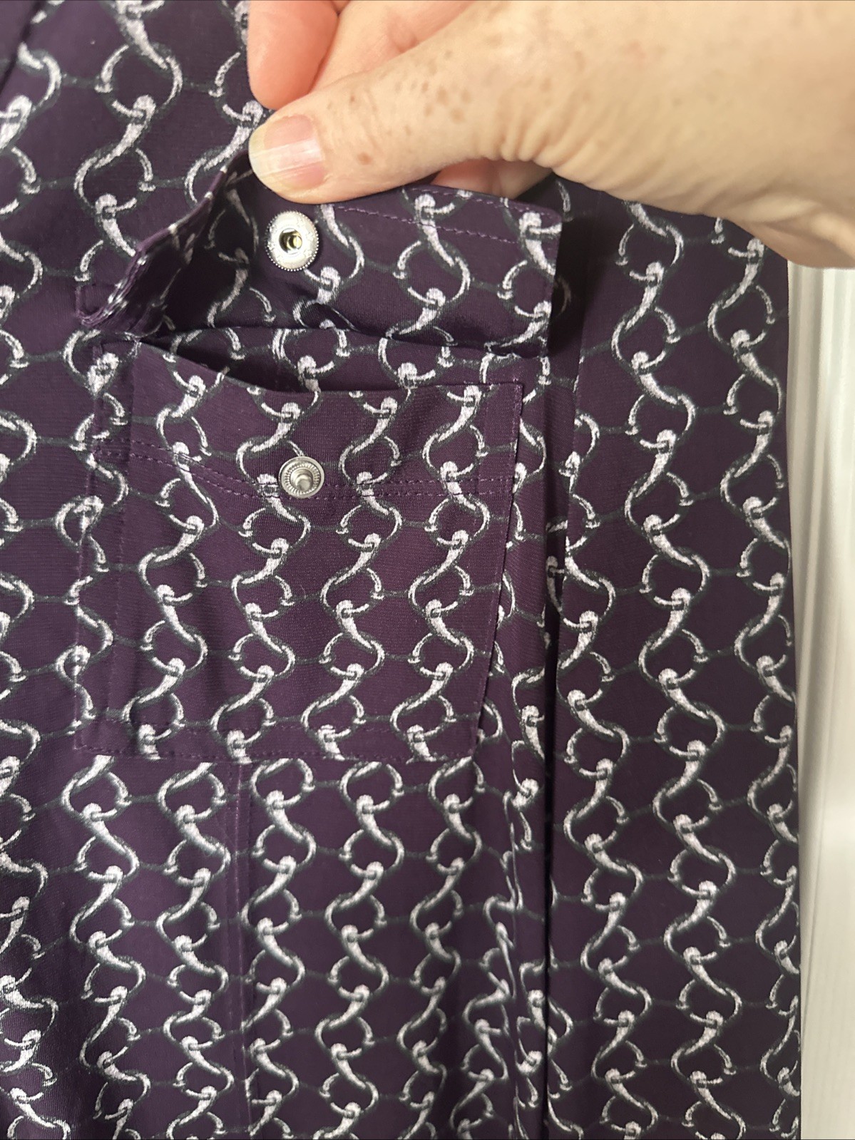 Michael Kors Women’s Midi Collard Dress Silver Chain Print Purple Long Sleeve-M