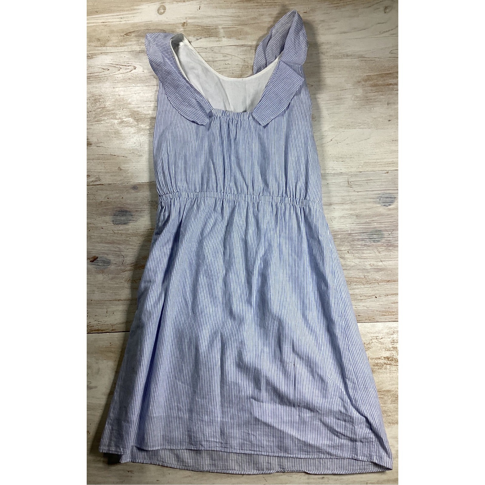 J.Crew Blue White Striped Ruffle V-Neck Linen Cotton Dress 4 G4451 4th of July