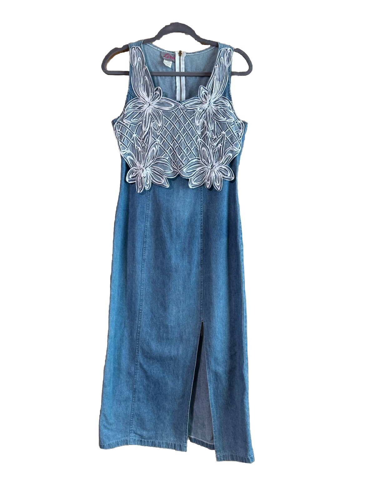 Vintage 80’s Lira Blue Cotton Denim Floral Overlay Sleeveless Dress Size S