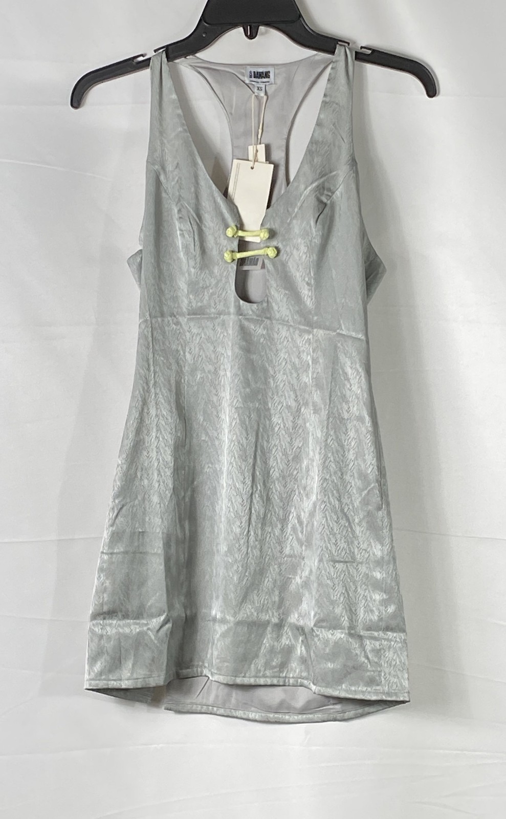 Dawang Women’s Silver Textured Sleeveless Dress Green Frog Buttons Sz XS NWT