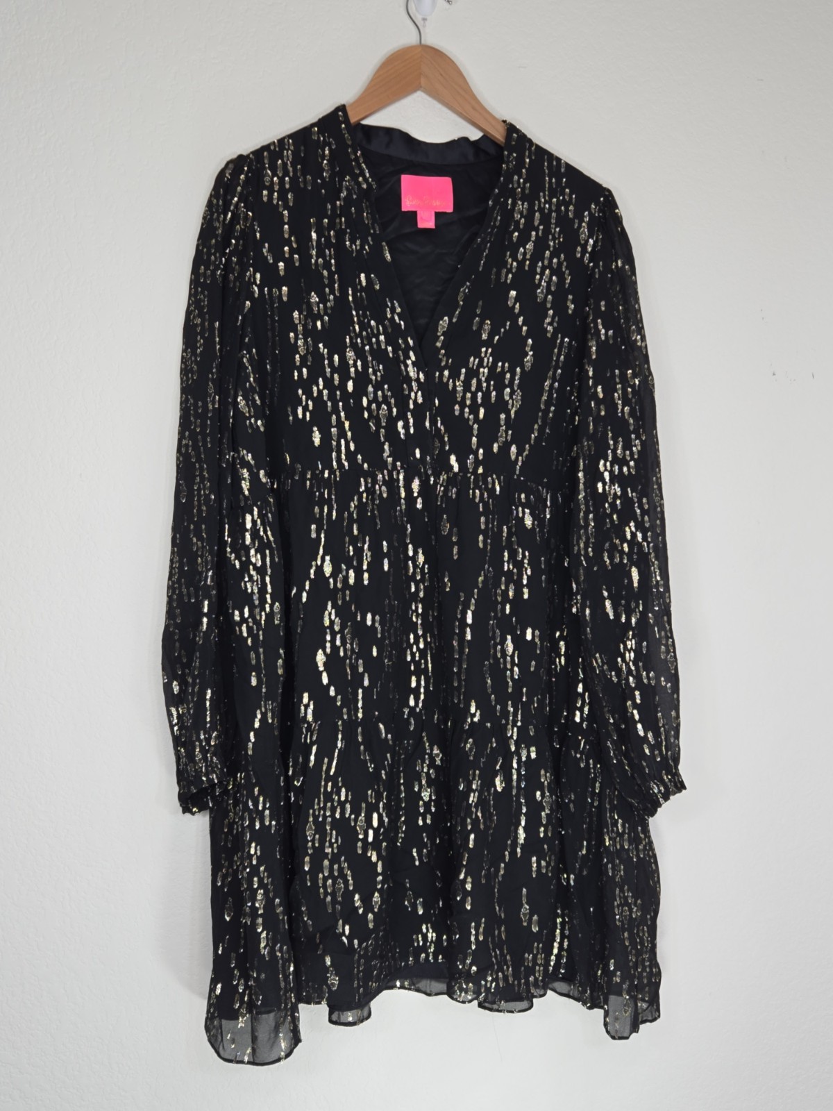 Lilly Pulitzer Winona Silk Dress Onyx Fish Clip Gold Chiffon Size XL Womens