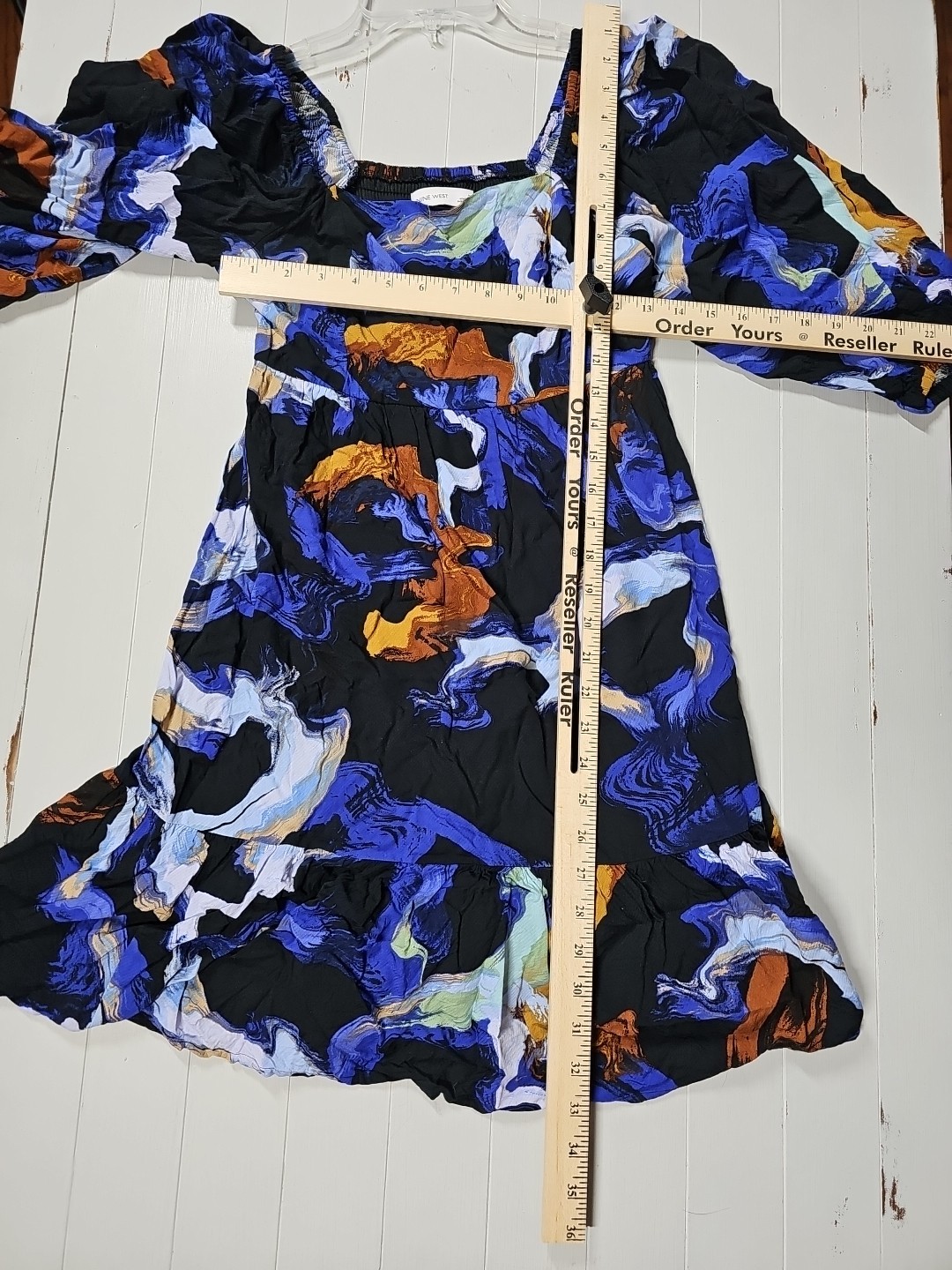 NINE WEST Blue Abstract Print Puff Sleeve Babydoll Lined Dress Size Small