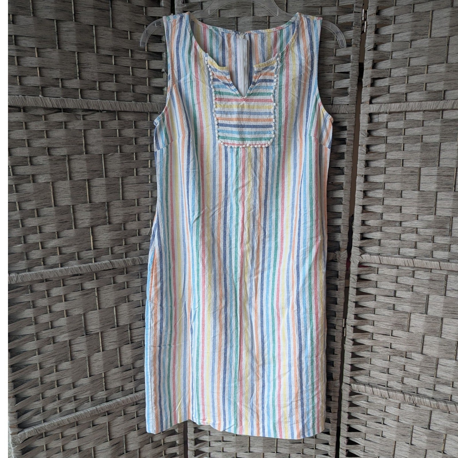Pastel Rainbow Striped Linen Blend Shift Dress Pom Pom Womens Est Sz L Preppy