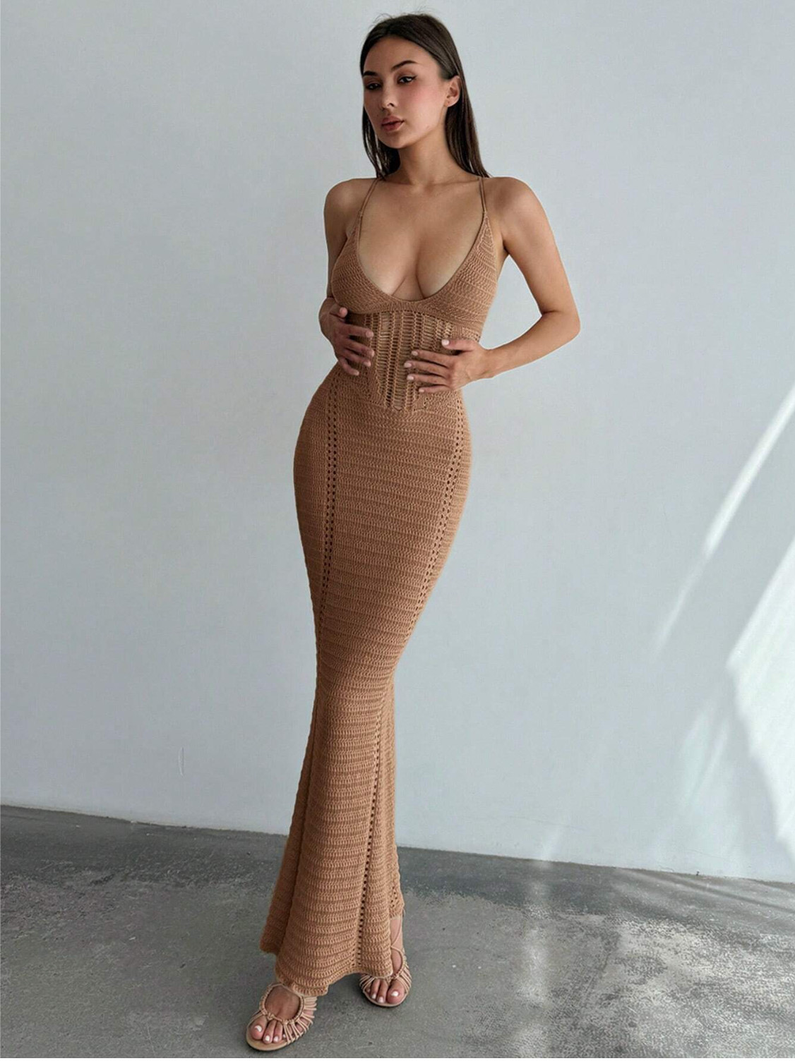 Aloruh Chic Camel Autumn Vacation Dress For Women,Elegant Deep V Neck HollowOut