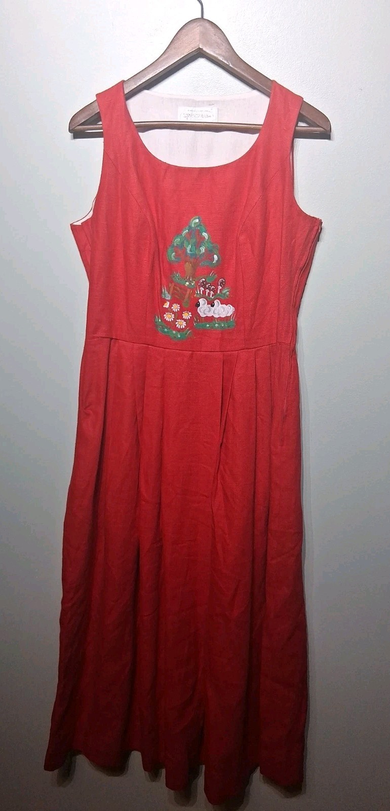 Sportalm Austrian Vtg Linen Red Maxi Sleeveless Dress Printed Front Size EU 40
