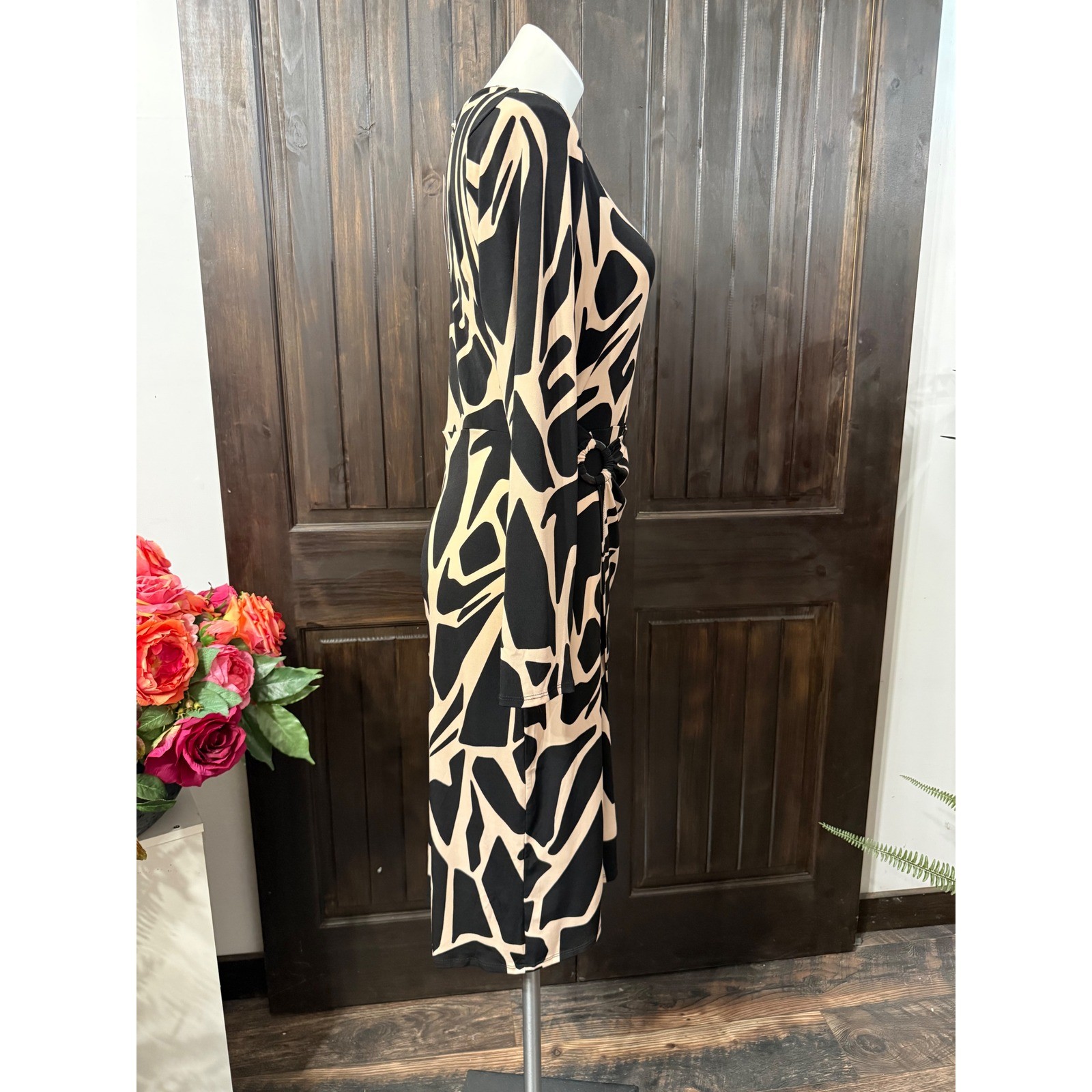 Gilli Women Long Sleeve Abstract Geometric Midi Dress Black Tan O-Ring Ruched L