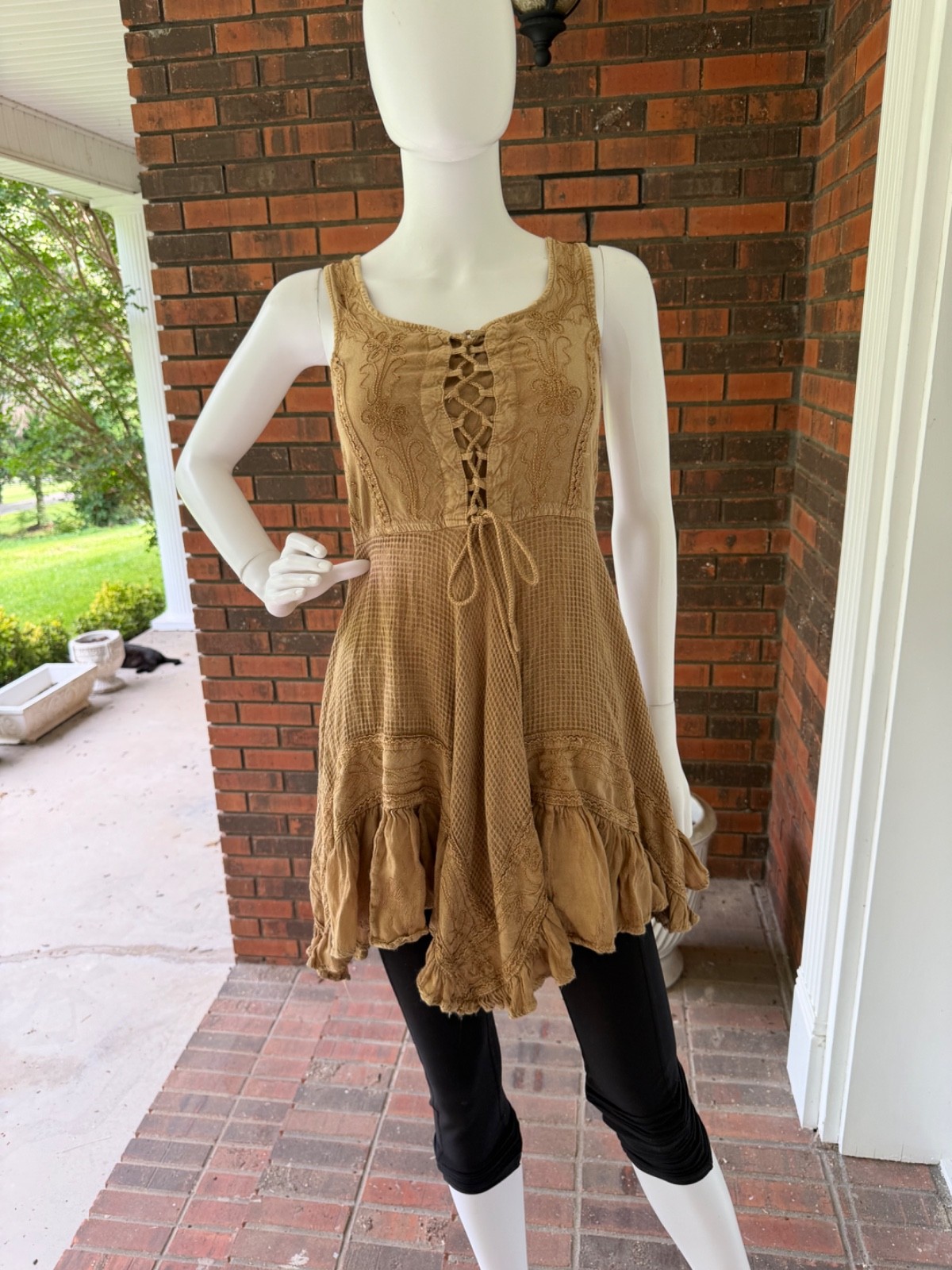 REBELLION SIZE SMALL Gold Sundress Ruffled Hem Smocked Tie Back Laced Up Bodice