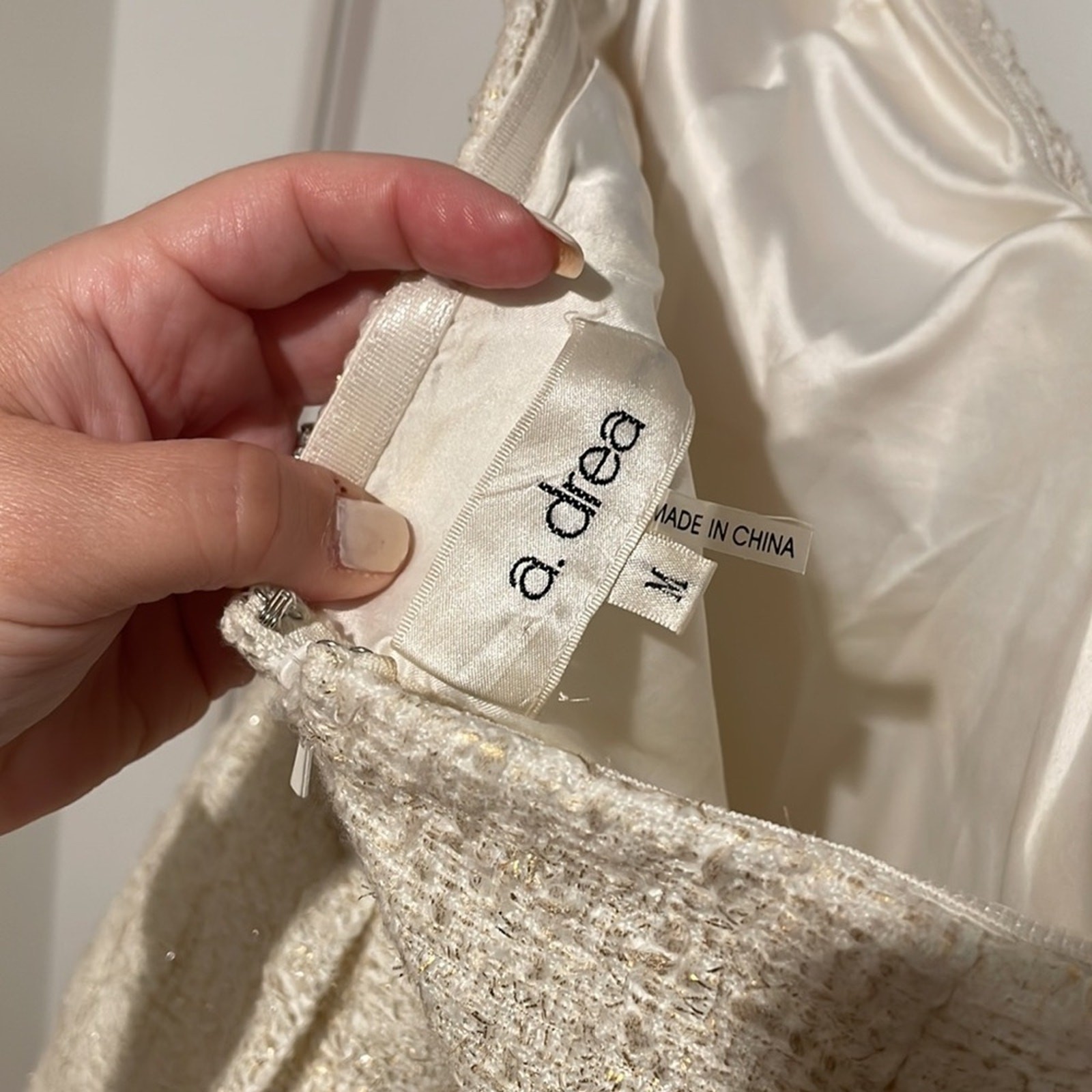 A. drea cream metallic bow strapless dress Medium