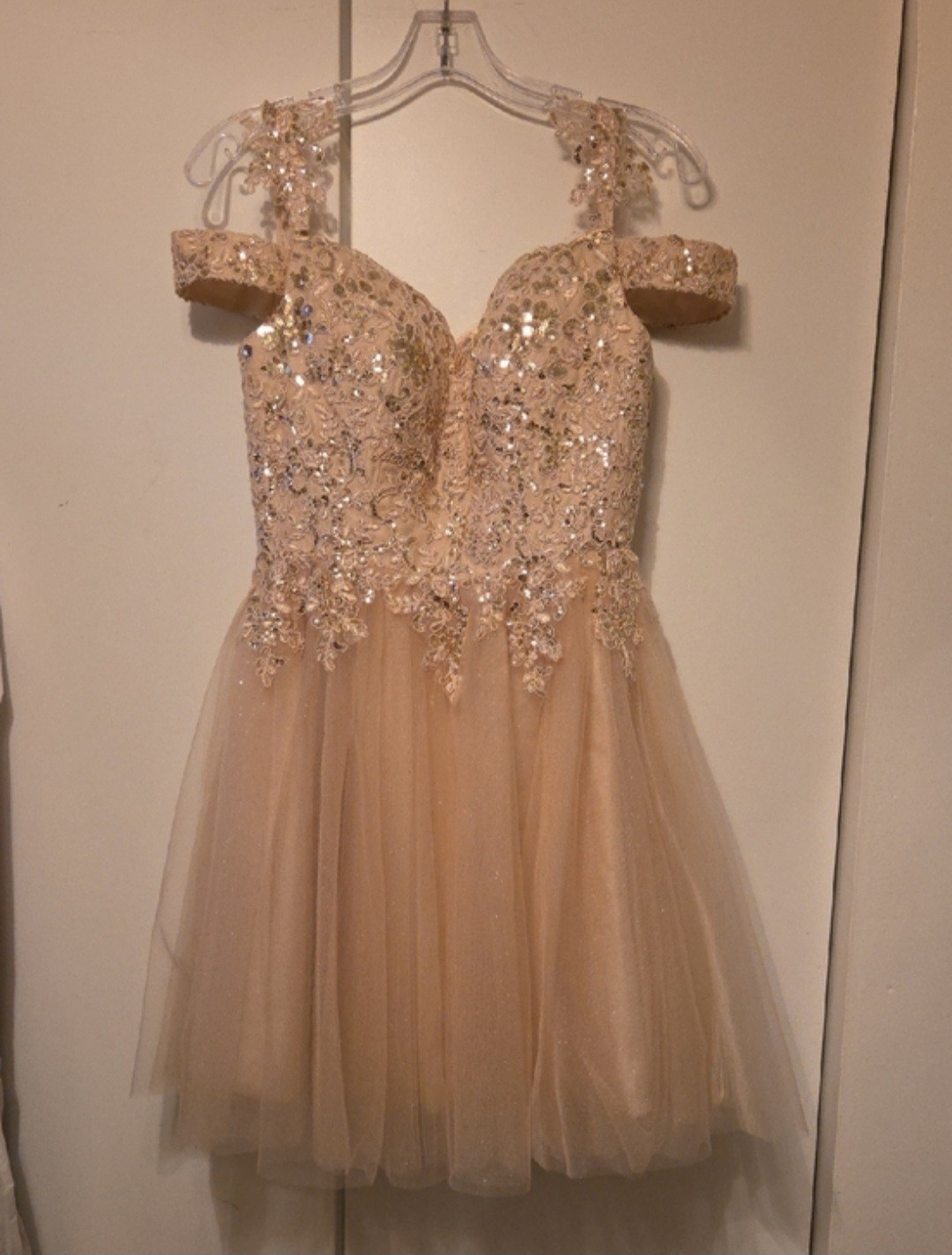 Beige Tulle Beaded Glitter Sweetheart Lace-Up Back Strapless Short Dress S