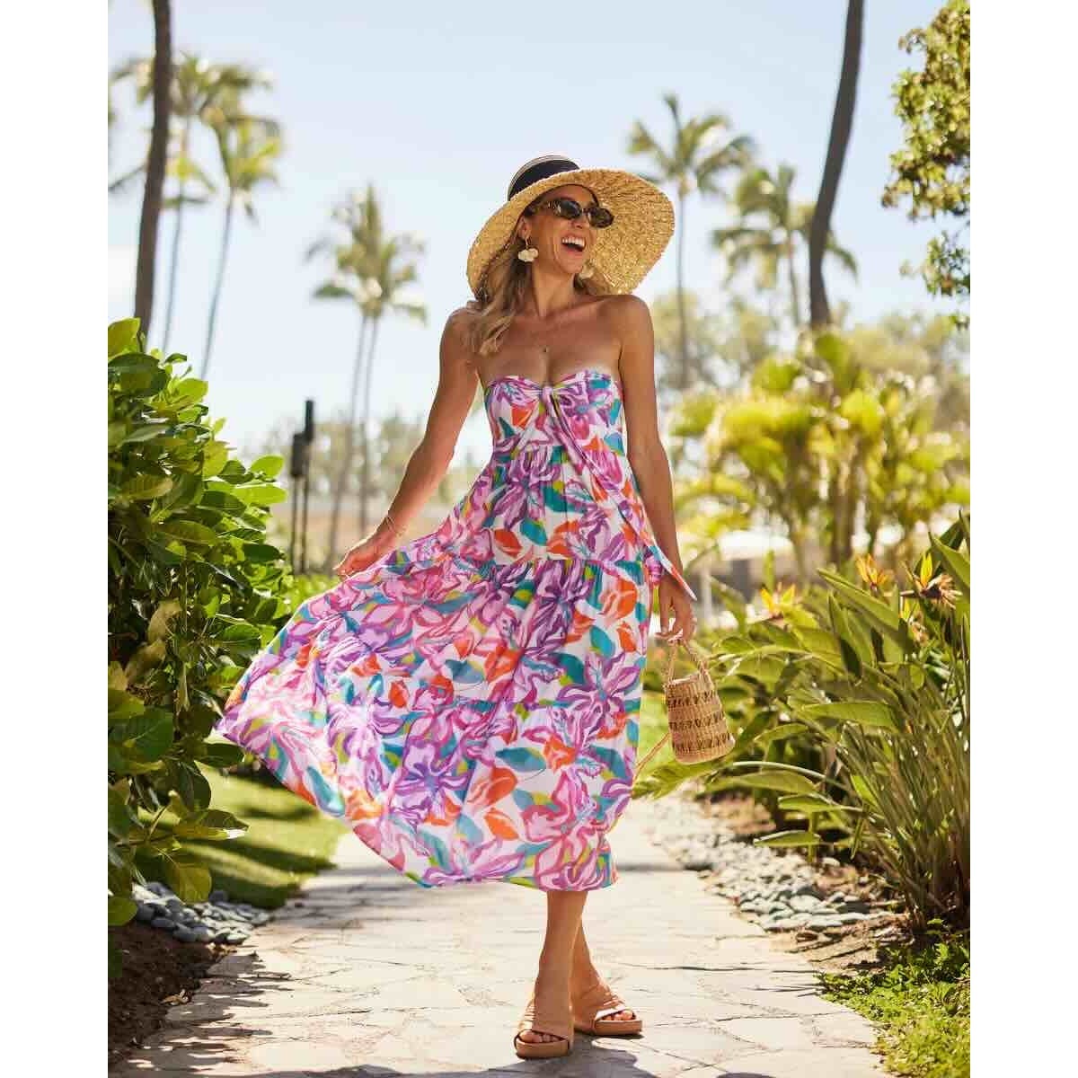 Kenny Flowers Tropical Tie Front Smocked Flowy Vacation Resort Midi Dress Small