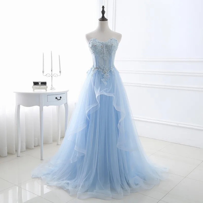 Light Blue Off Shoulder Princess Ball Gown Crystal Layered Chiffon Wedding Dress