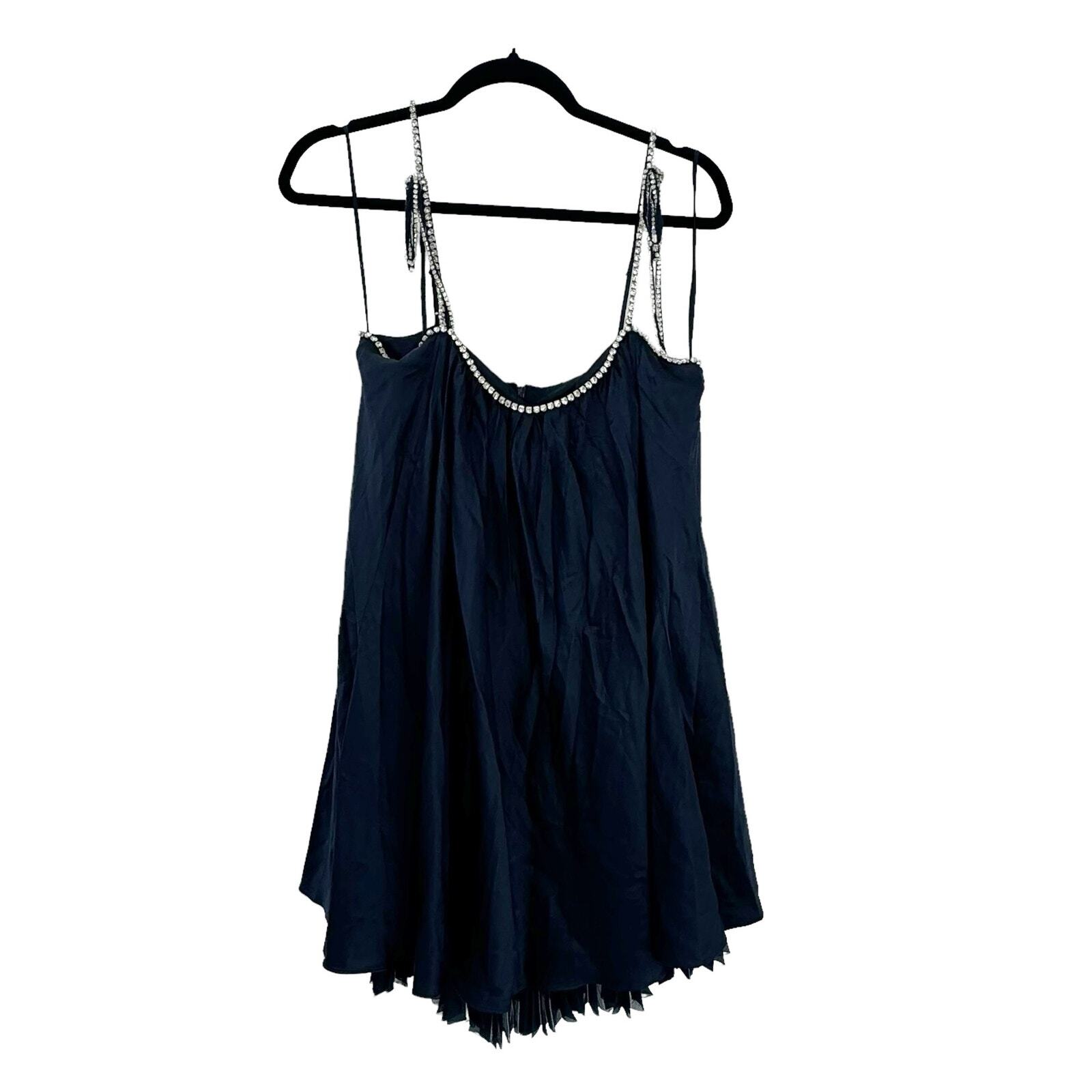 CINQ A SEPT Rhinestones Pleated Hook And Eye Silk Muni Dress Navy Size 8 NWOT