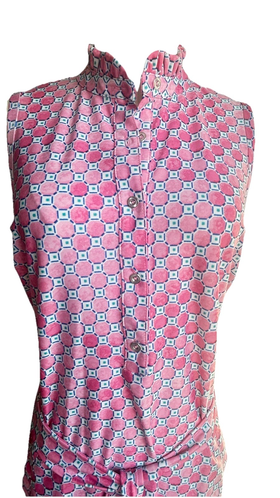 Pappagallo Tess Ruffle Neck Midi Dress. Button Up geometric pink, Belted Sz 4