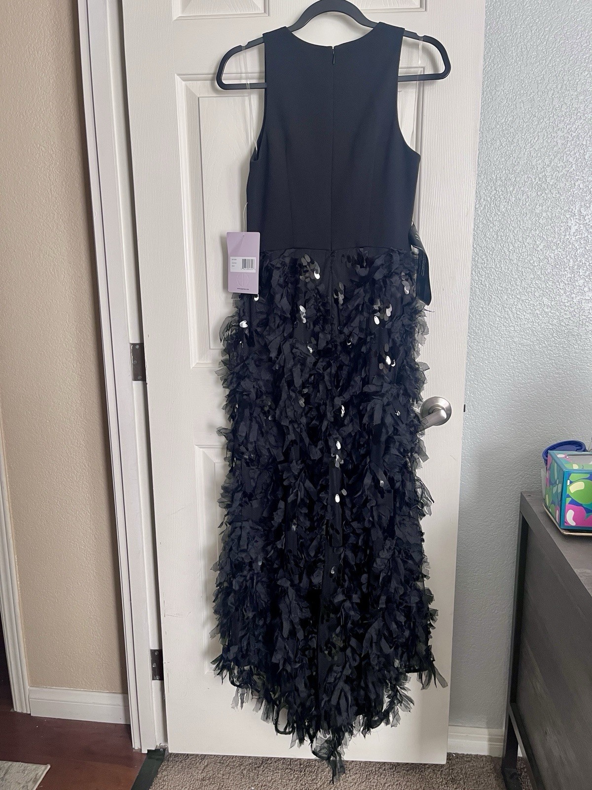 JS Collections Black Long Sleeveless Round Neck Hi-Low Ruffle Sequin Gown Sz 4