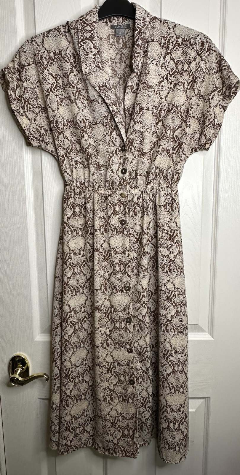 Angie Snake Skin Cream Brown Long Flowy Button Cottage Midi Dress Small