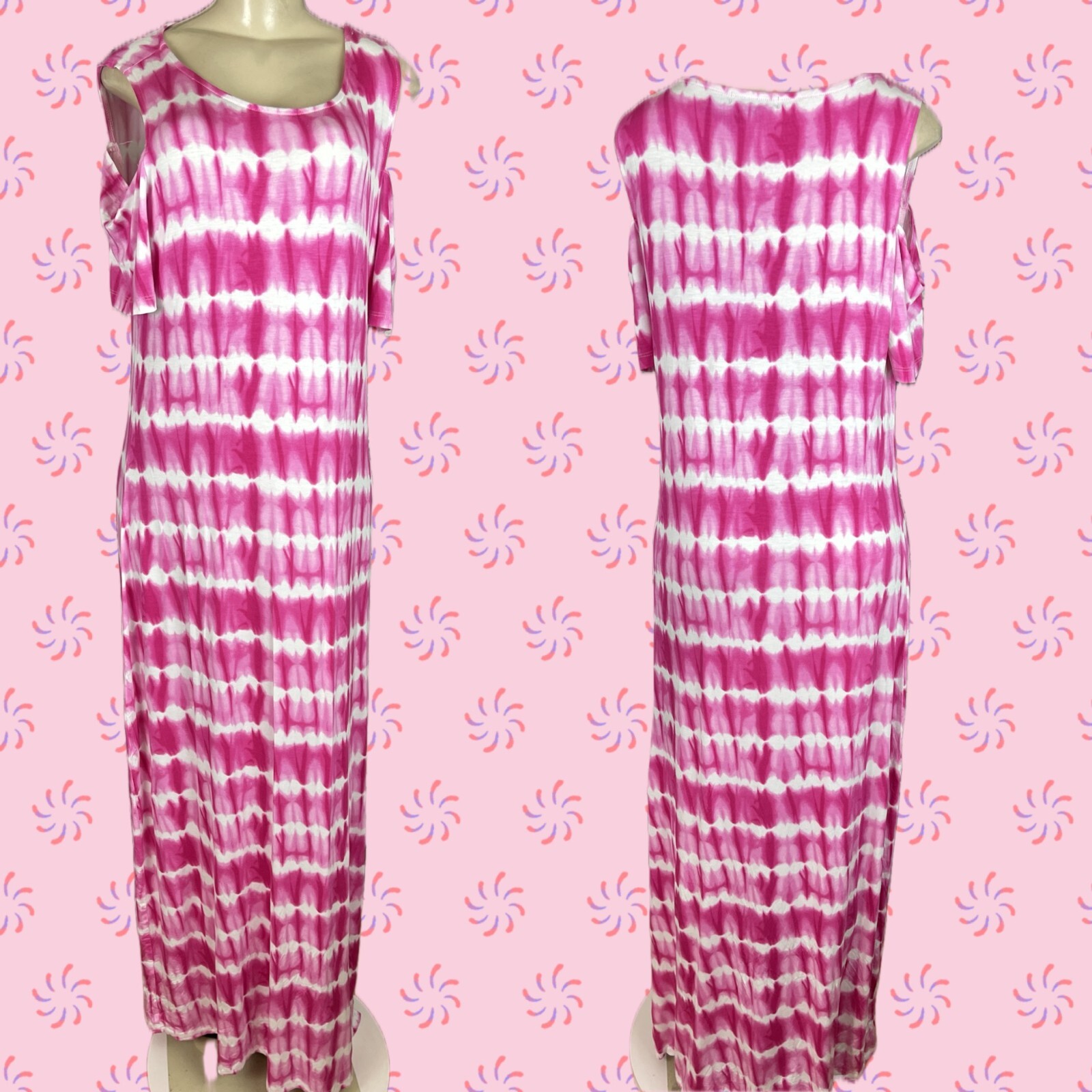 Design History L Pink Tie-Dye Scoop Neck Short Cold Shoulder Sleeve Maxi Dress