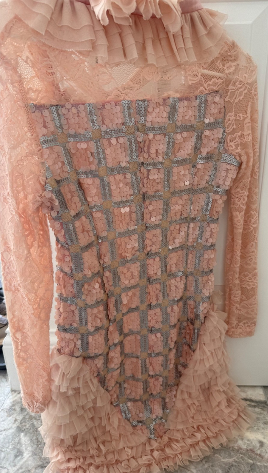 Sendi Vela Stunning peach and Silver sequinned dress laced long sleeves sz small
