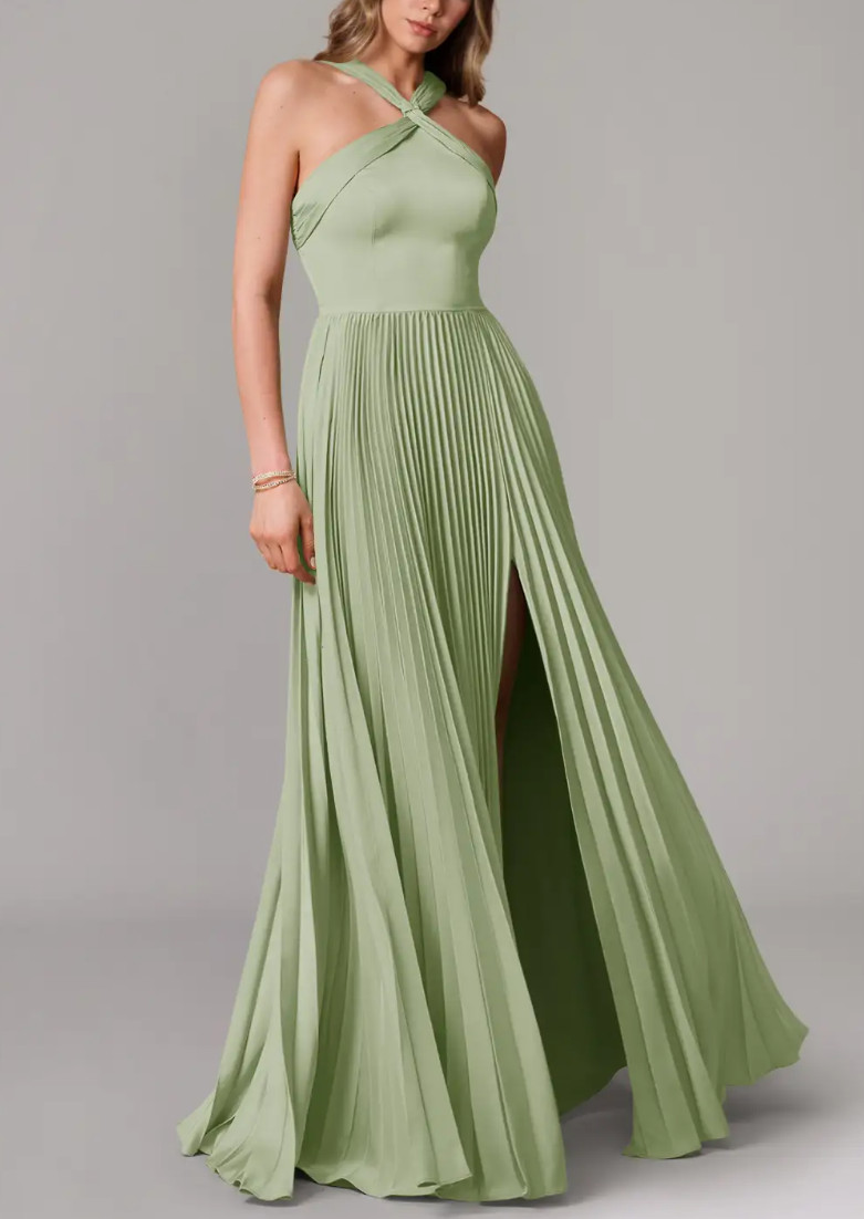 Azazie Afra Stretch Dusty Sage A-Line Pleated Stretch Satin Dress US Size 4 NWT