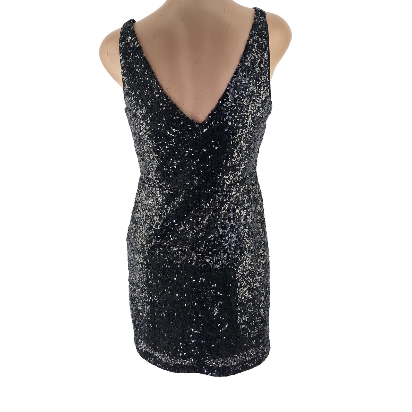 Lulus Sequin Cocktail Dress Womens Small Black Mini V-Neck Bodycon Party Gown