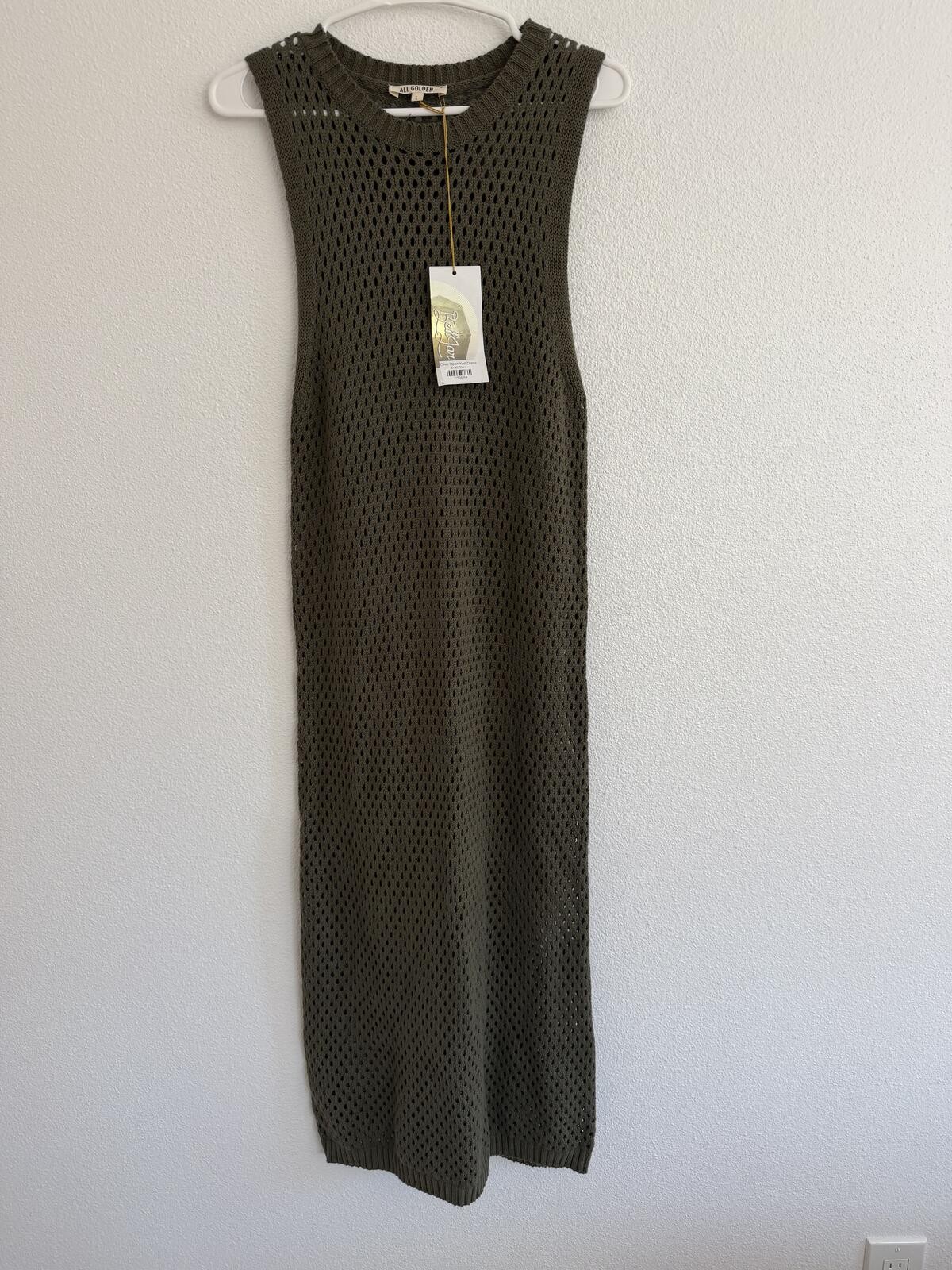 NWT Ali Golden 100% Cotton Olive Open Knit Midi Dress Sz L Beach Summer Boho
