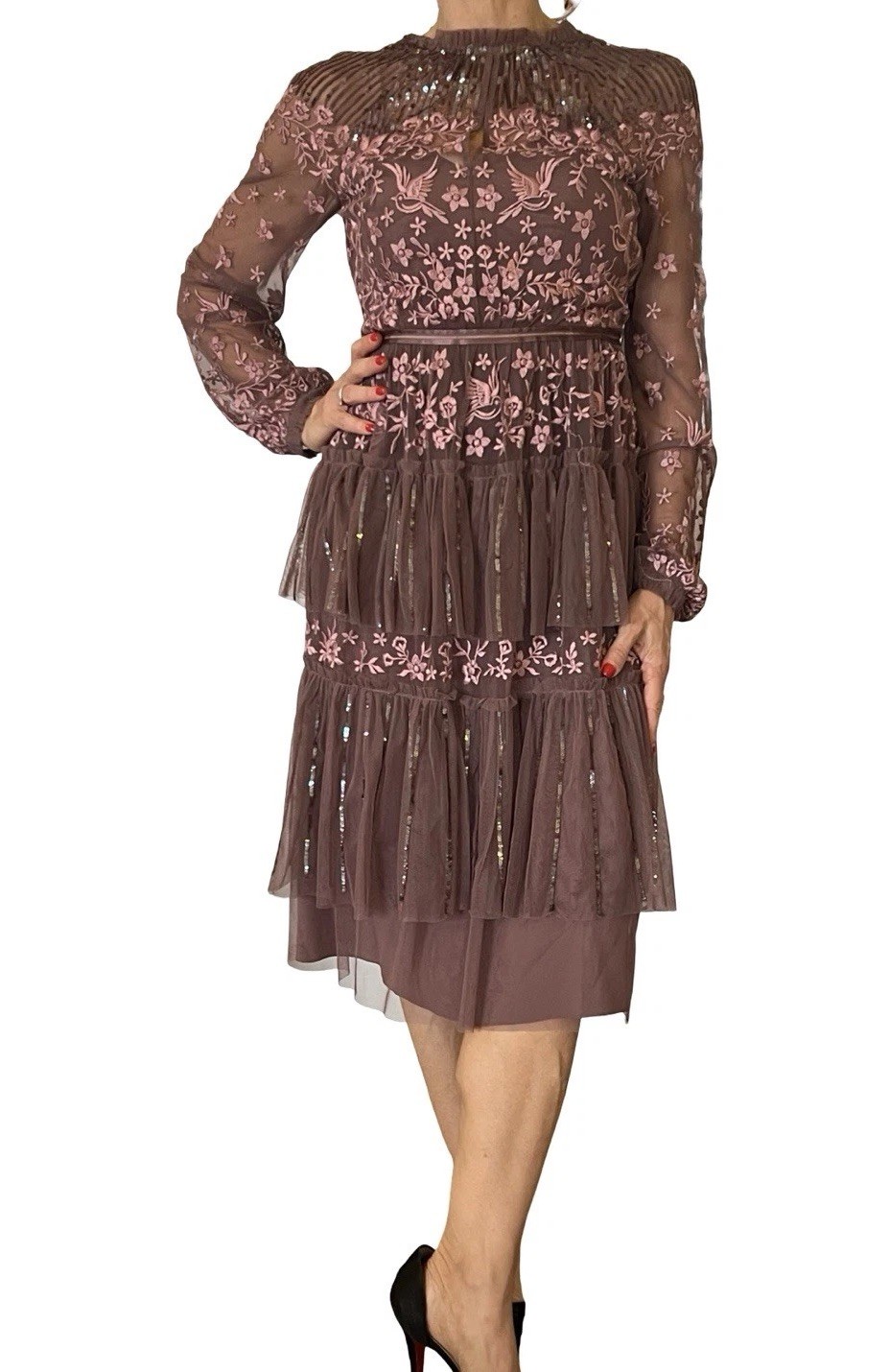 Needle and Thread Sequin Embroidered Tiered Dress sheer long sleeves 0 READ