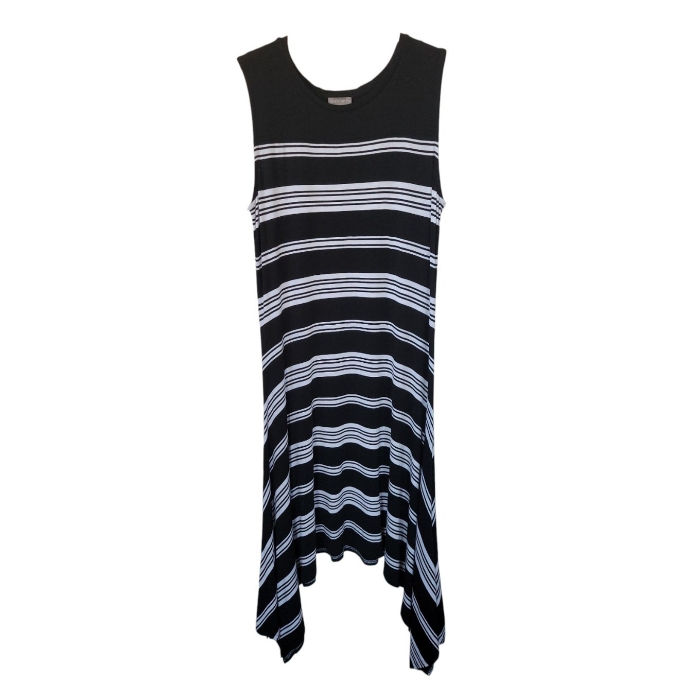 Vince Camuto Midi Dress L Black White Striped Asymmetricl Hem Jersey Knit Resort