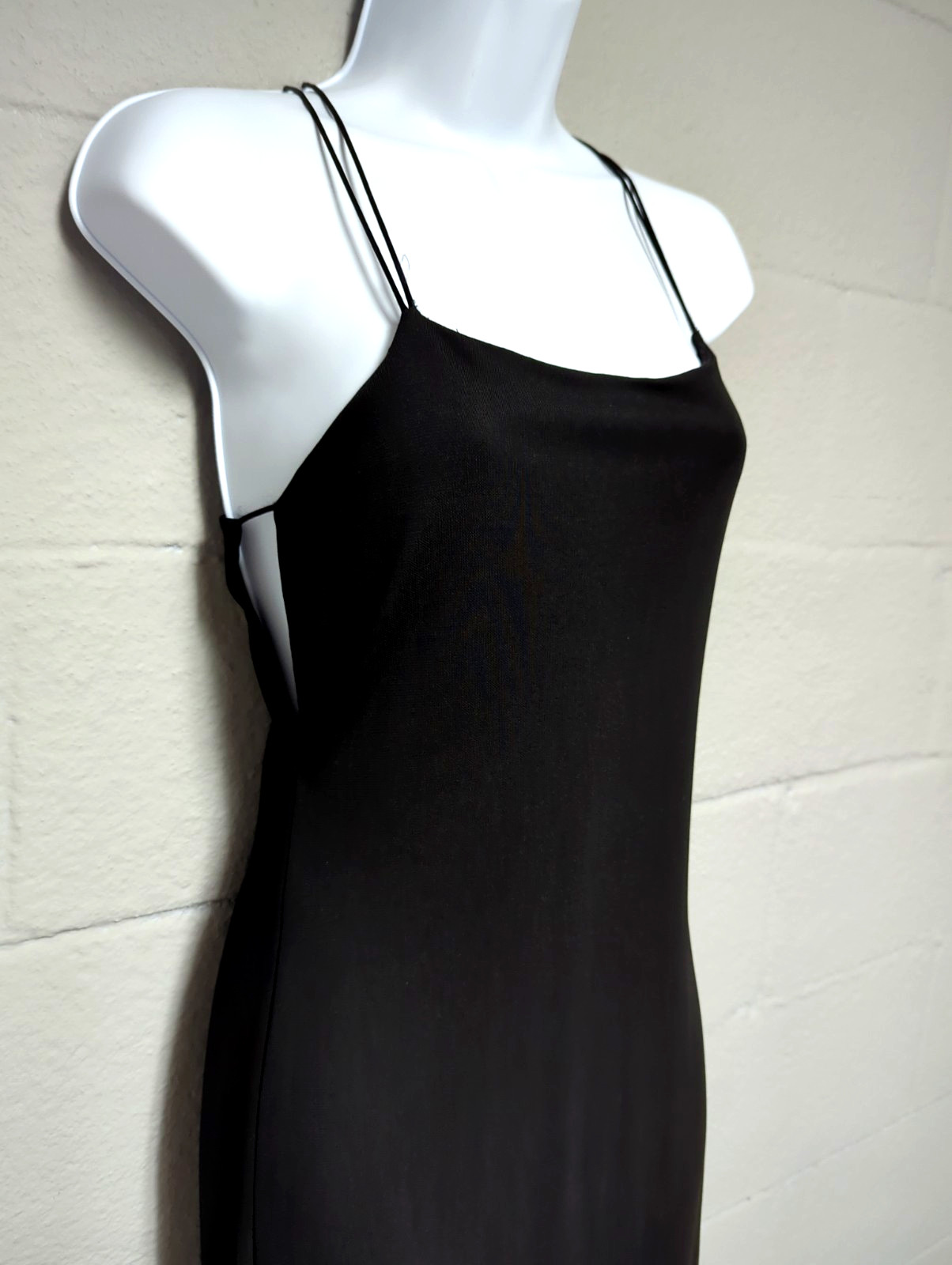 90s Vintage Tempo Paris Maxi Dress Black Underarm Cutout Spaghetti Strap Slit