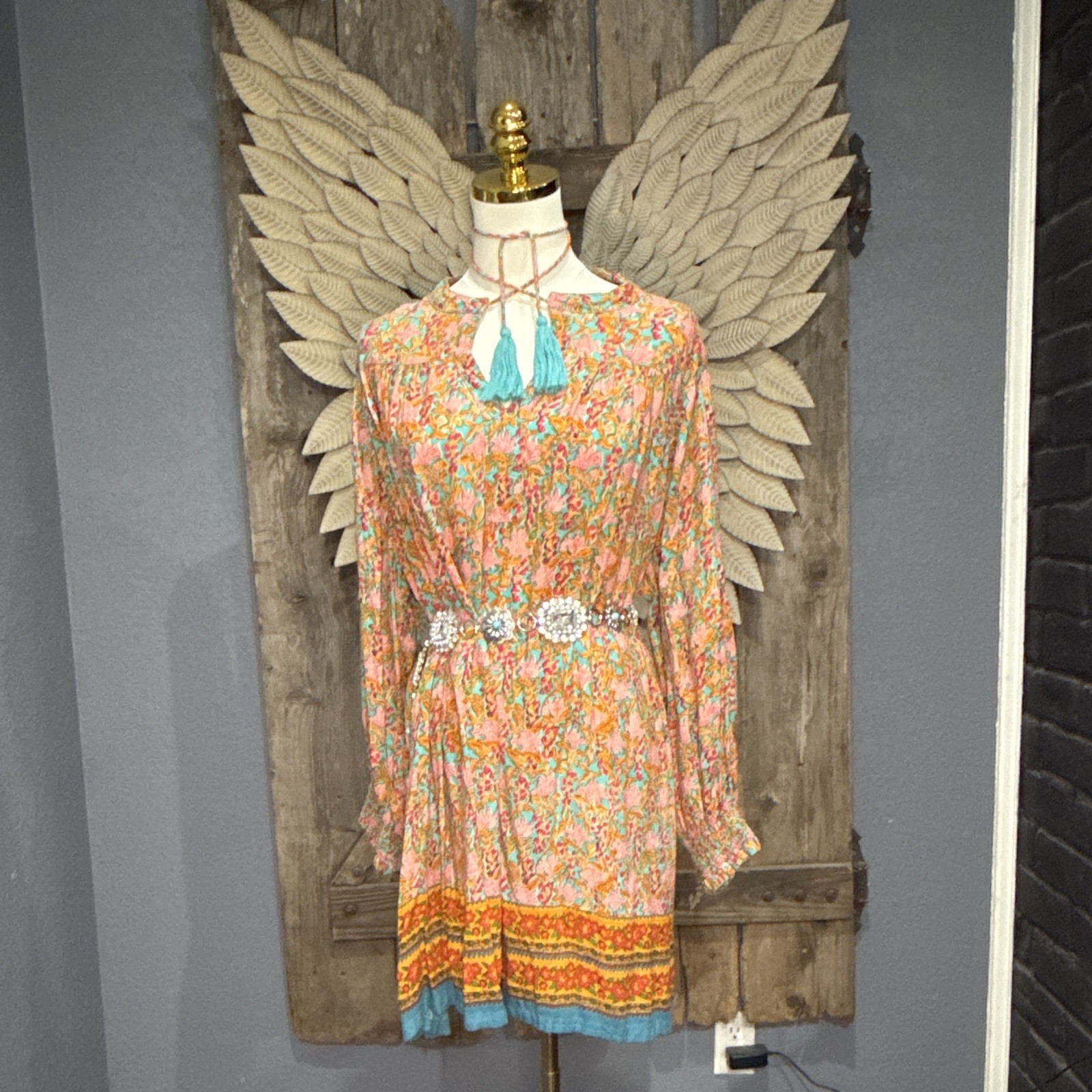 Womens Orange Multicolor Floral Boho V-Neck Tassel Bell Sleeve Mini Dress M