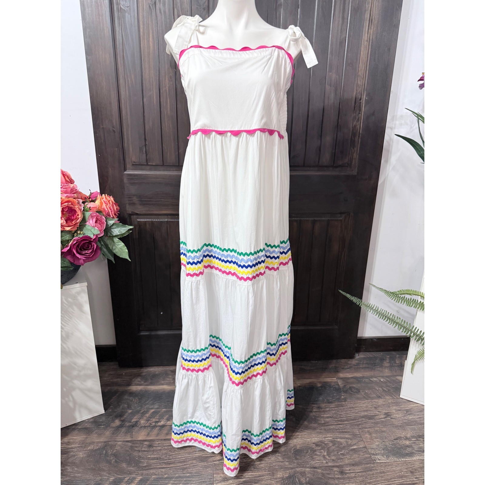 Crown & Ivy Womens XL White Ric Rac Tiered Maxi Dress Tie Strap Smocked Back NEW