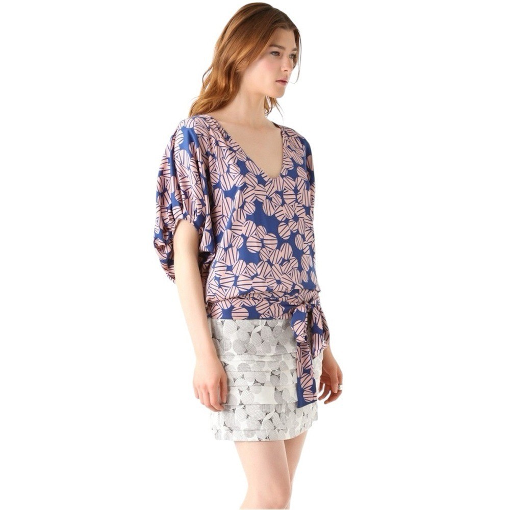 Diane Von Furstenberg New Edna Blouson Mini Dress Tie Waist Stretch Silk Size 6