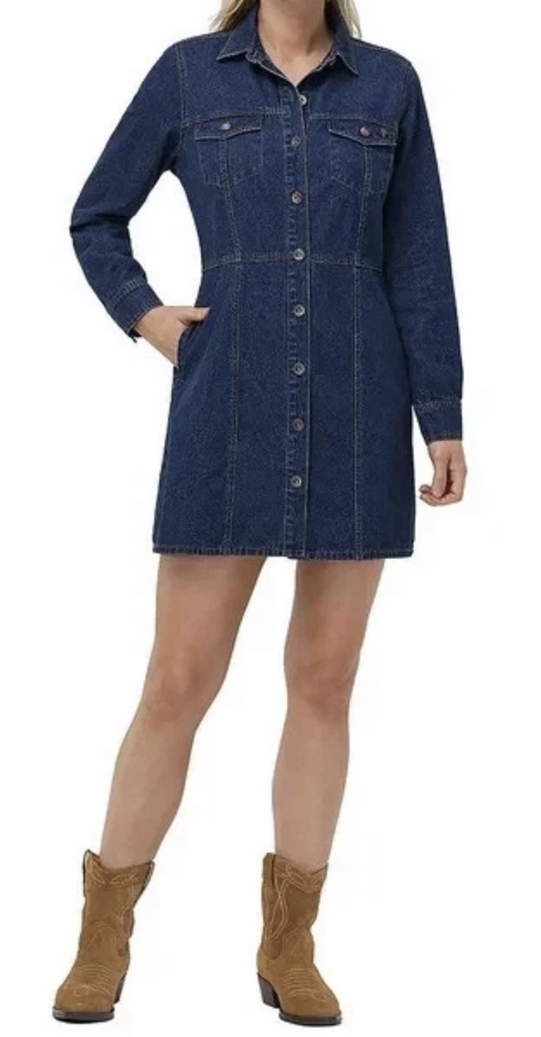 Frye Denim Dress Size Medium Dark Wash Mini Button Front Dual Chest Pockets NWOT
