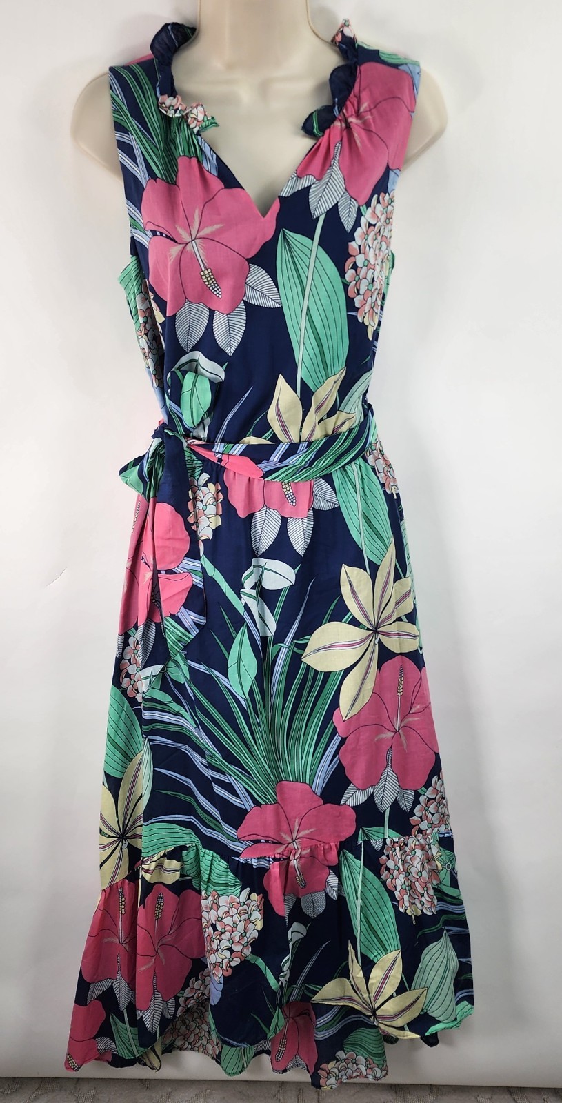 Talbots Voile Hibiscus Maxi Dress Women’s 6 Tropical Hi-Lo Notch Neck Floral
