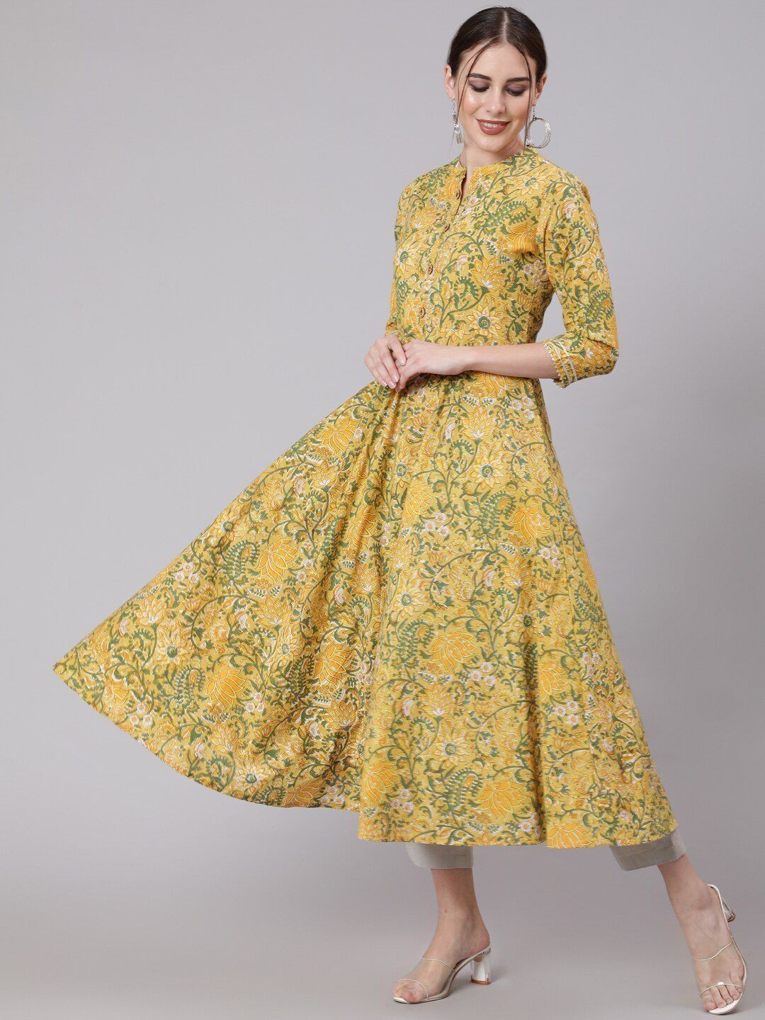 Indian Women Yellow Cotton Floral Printed A-Line Kurta Kurti Gotta Patti Dress