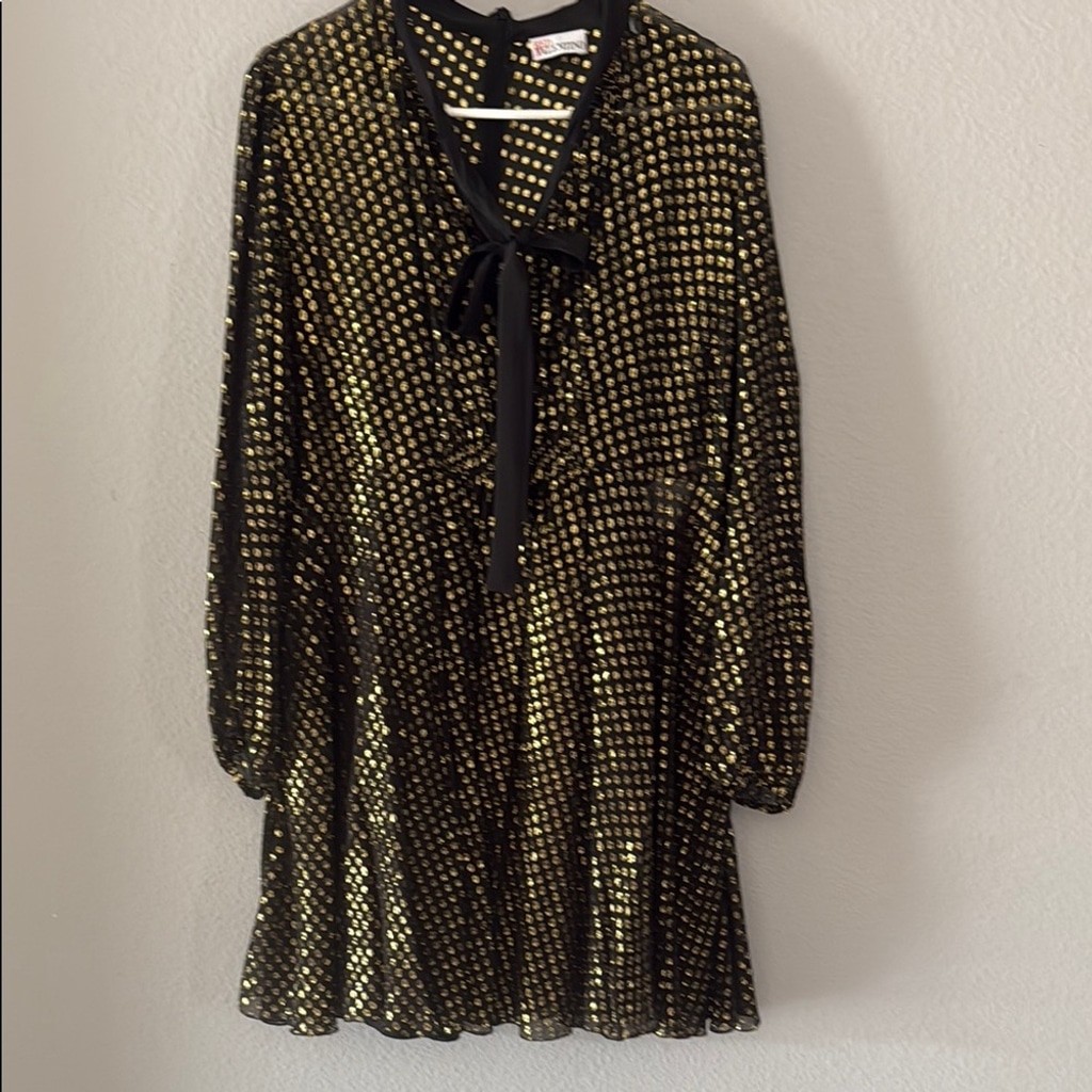 RED Valentino Black and Gold Bishop Sleeve cocktail dress pussybow