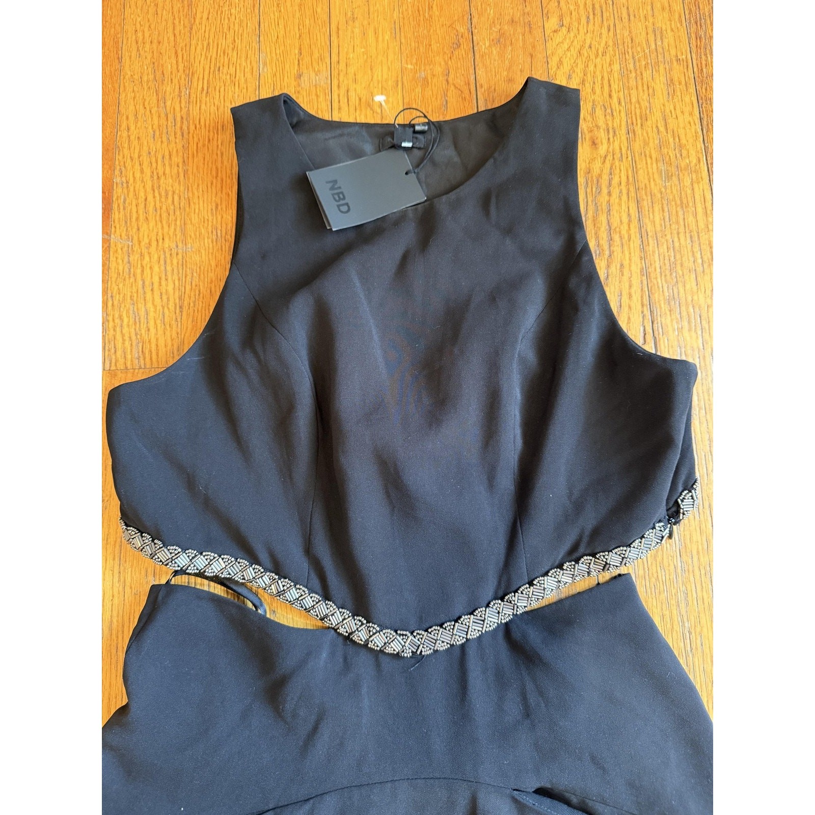 NBD Dress Womens Medium Black Cutout Waist Beaded Trim Sleeveless Lined Skater