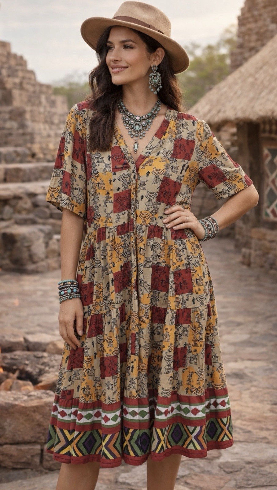 Women S/M Shirt Dress Boho Native Tribal Patchwork Tiered Aztec Bold Festival