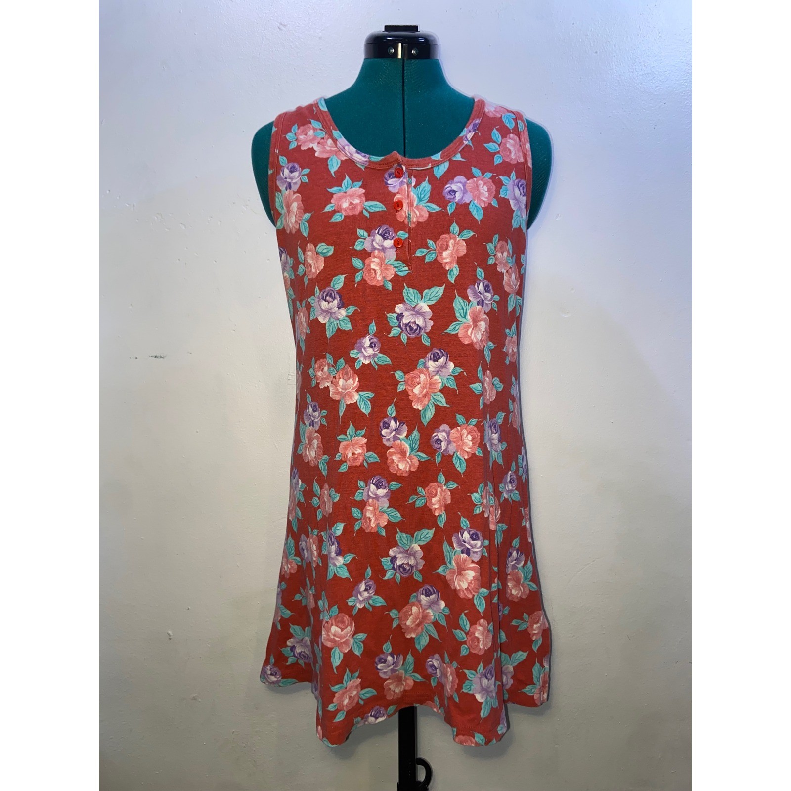 American Weekend Vintage 90s Floral Henley Cotton Mini Dress Cottagecore Grunge