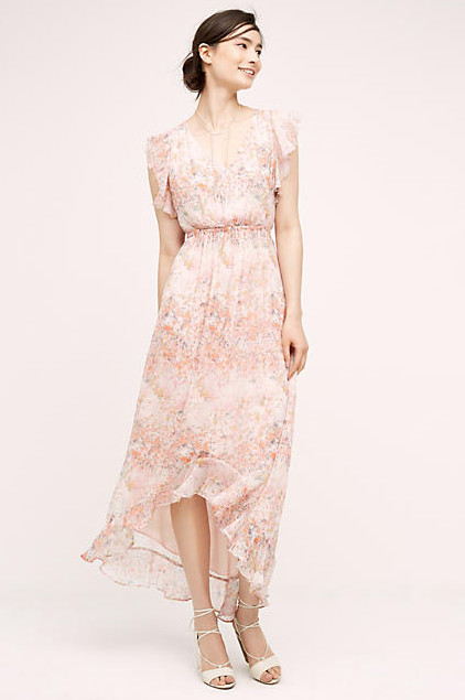 NEW Anthropologie HD in Paris Sidra Chiffon Dress Pink Floral Ruffle Sleeve HiLo