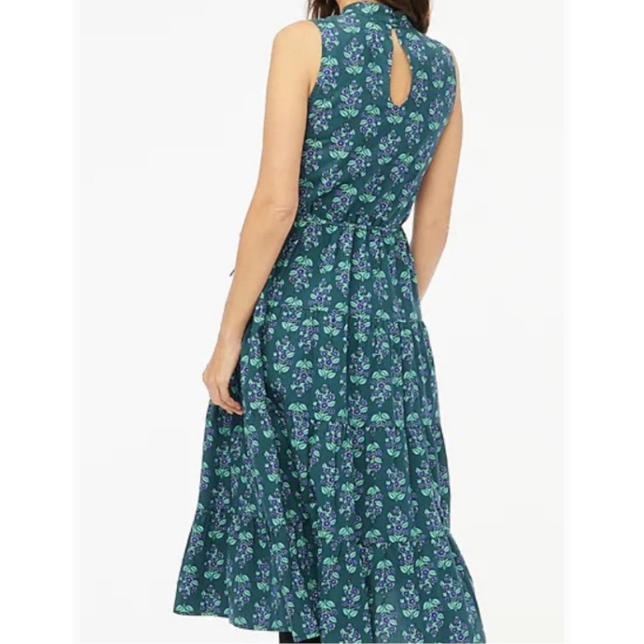 J. Crew Printed Mock Neck Tiered Midi Dress Warm Spruce Green Blue Size 16 NWT