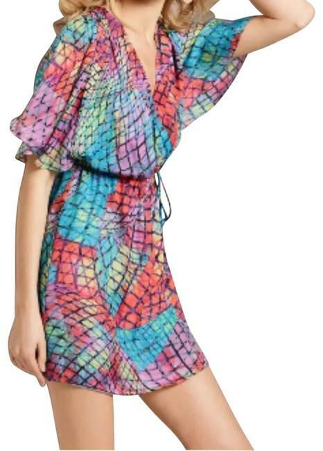 Presley Skye Mosaic Tile Print Faux Wrap Flutter Sleeve Colorful Silk Dress sz M