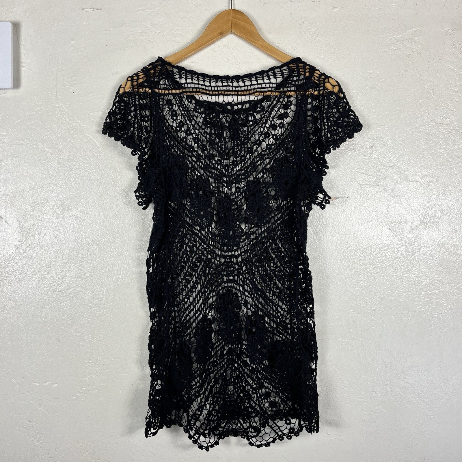 Handmade Black Crochet Lace Swim Cover Up Boho Floral Beach Tunic One Size