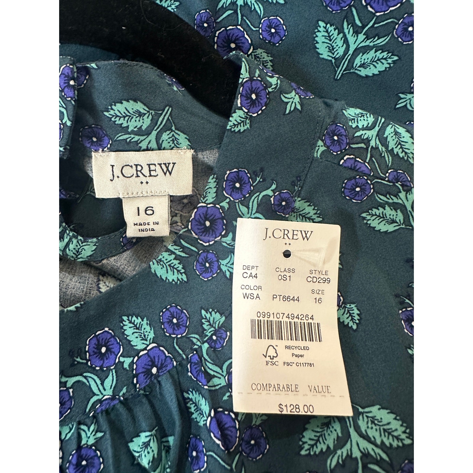 J. Crew Printed Mock Neck Tiered Midi Dress Warm Spruce Green Blue Size 16 NWT