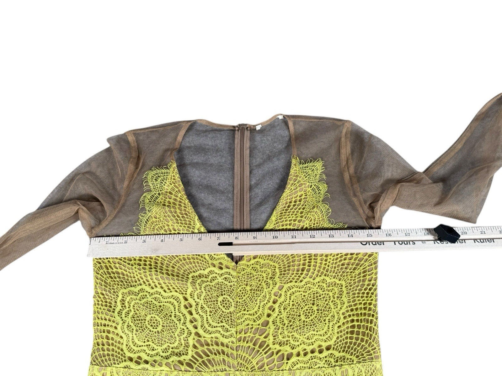 Women’s Lace Overlay Sheer Mesh Mini Dress V-Neck Long Sleeve Yellow Nude Size M