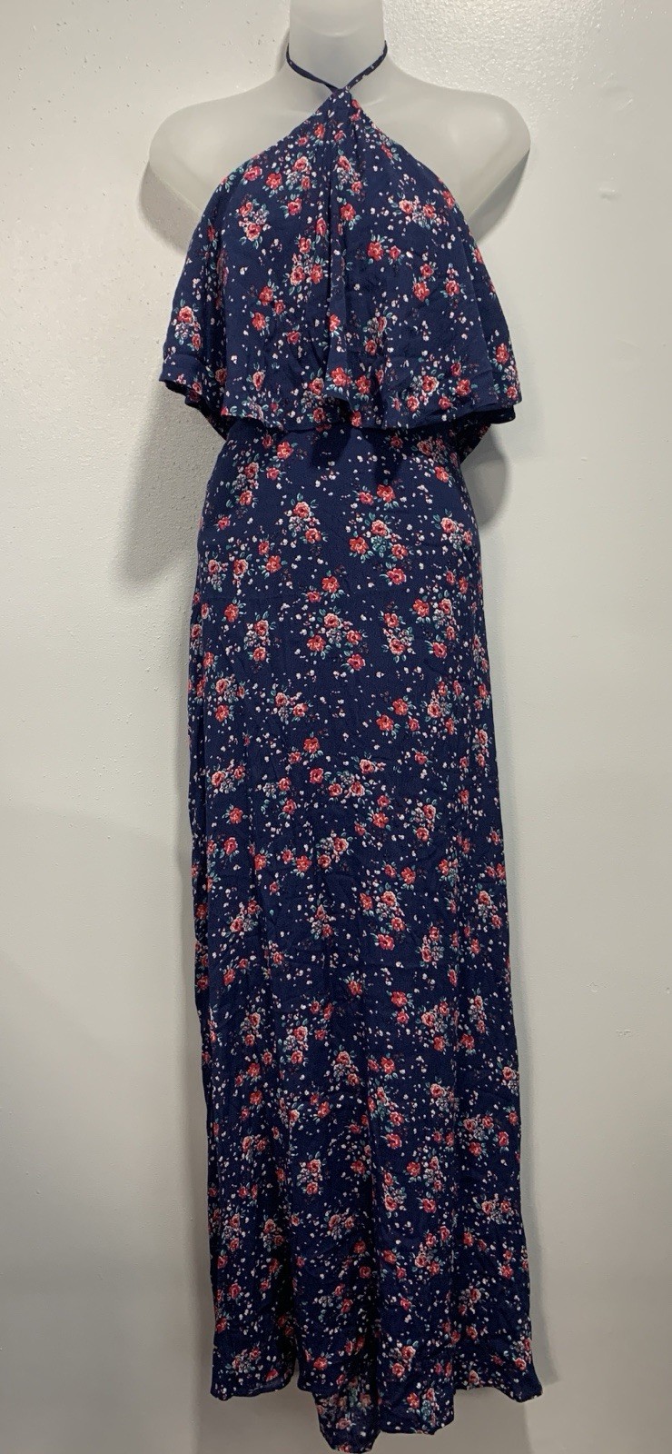 Express Floral Halter Cut-Out Maxi Flowey Layered Dress Elastic Waist – Size L