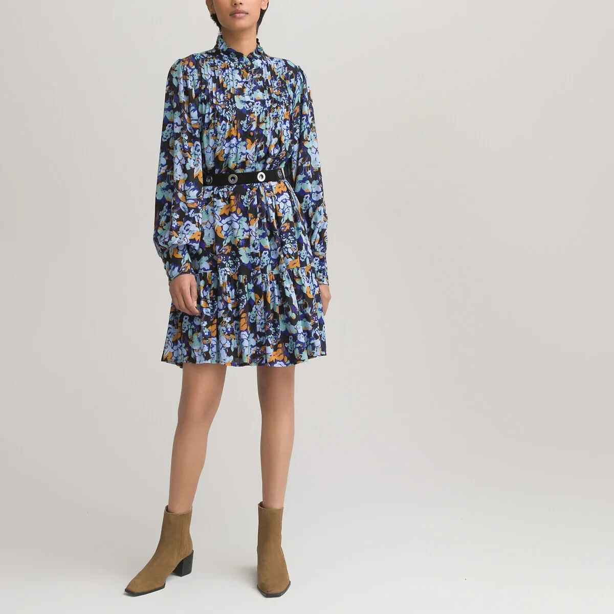 La Redoute Buttoned Floral Shirt Dress Size 12 Ruffled Tiered High Neck RRP £52
