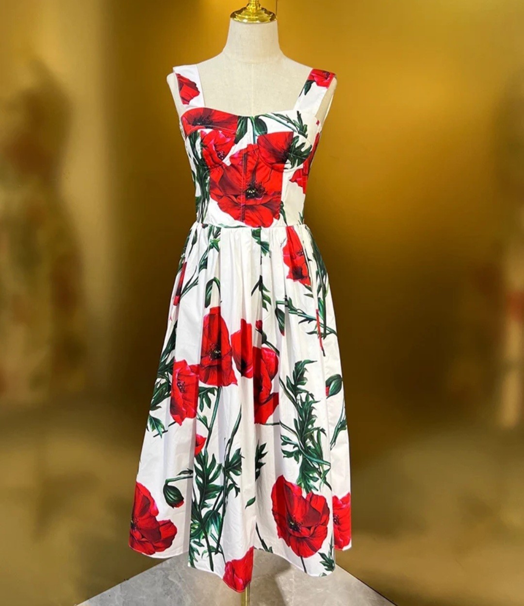 Handmade Italian Designer Dress Print Poppy Push Up Cotton Dress Size S
