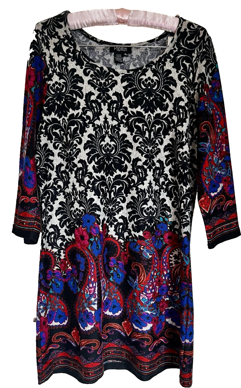 Papillon Short Swing Dress Black Blue Red Paisley Sz XL 35” L Soft Poly Spandex